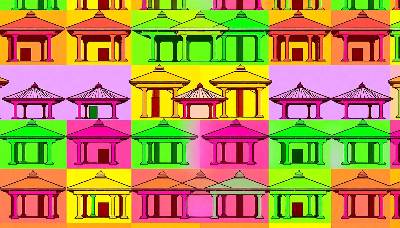 A vibrant, high-contrast silkscreen print featuring a repeated image of a Corten steel pavilion structure, with bold neon colors and heavy black outlines, conceptually representing the innovative architectural design's harmony with the natural landscape.