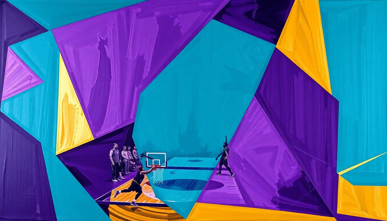 A cubist, geometric painting depicting a WNBA basketball game in motion, with the players and court broken down into overlapping, angular shapes in a vibrant color palette, conveying the dynamic energy of the sport.