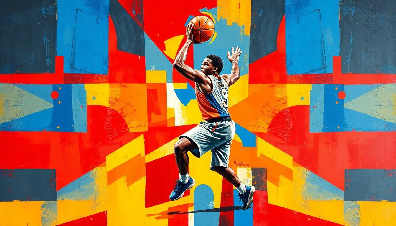 A cubist, geometric painting depicting the movements and skills of a basketball player, with sharp, overlapping planes of vibrant red, blue, and yellow colors.