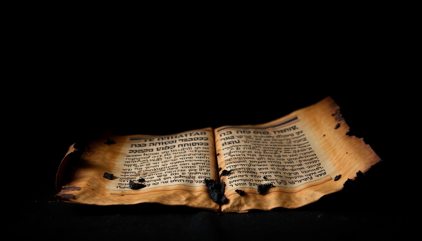 An extreme close-up photograph of a charred, broken Torah scroll, its pages singed and crumpled, conceptually illustrating the loss and damage suffered by the Beth Israel Congregation synagogue in the aftermath of the alleged arson attack.