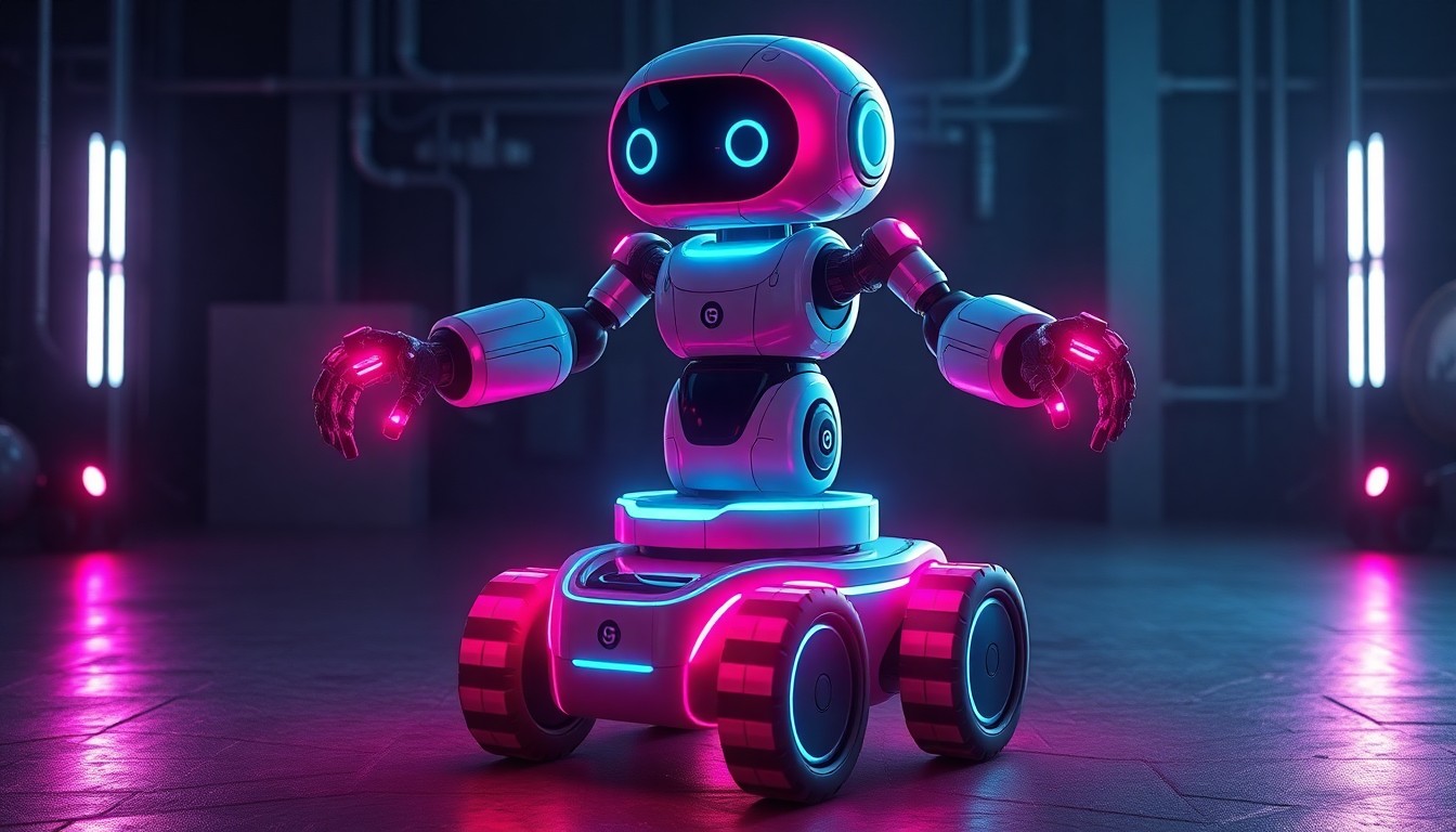 A highly detailed, glowing 3D illustration of a humanoid robot with articulated arms and hands, set against a dark, industrial background and illuminated by neon cyan and magenta lights, conceptually representing the advanced technological capabilities of the SwitchBot Onero H1.