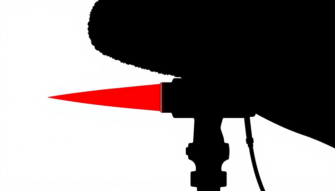 A minimalist, abstract illustration featuring a dramatic black silhouette of a news camera or microphone against a stark white background, with a bold splash of red, conveying the impactful role of journalism in shaping public discourse.