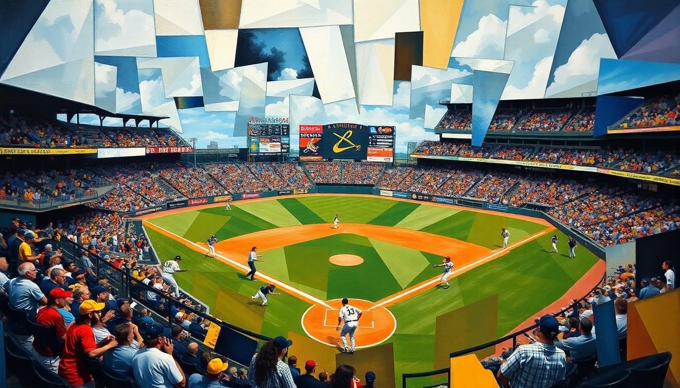 A fragmented, geometric painting in the style of Pablo Picasso, depicting a minor league baseball game broken down into sharp, overlapping planes of color and form, capturing the chaotic energy of the 10-run inning.