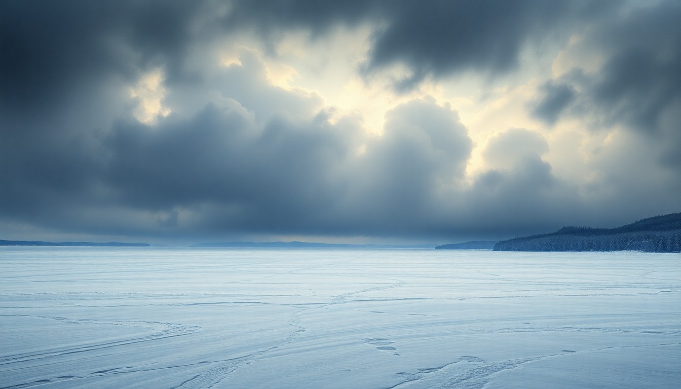 A vast, frozen landscape painting in muted tones of blue, gray, and white, with a dramatic, cloudy sky overhead. The scene conveys the overwhelming, sublime scale of the winter storm, with minimal physical structures dwarfed by the powerful, atmospheric elements.