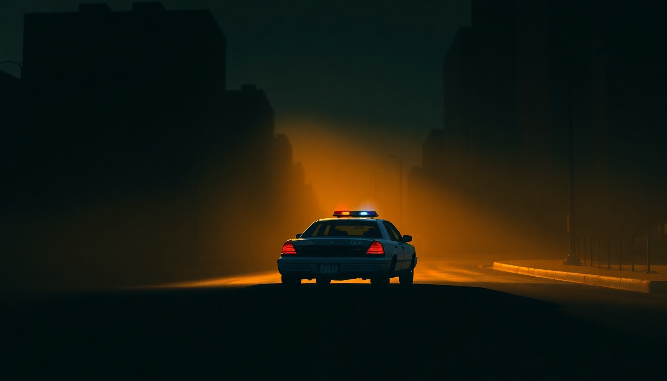 A moody, cinematic painting of a solitary police car parked on a deserted urban street, with warm sunlight and deep shadows creating a sense of tension and uncertainty.