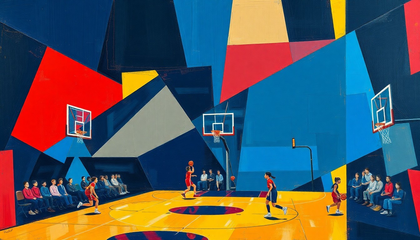 A fragmented, geometric painting in bold colors depicting the action and movement of a girls' basketball game, with players and the court deconstructed into sharp, overlapping shapes and planes.