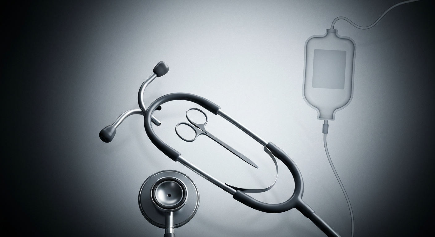 A translucent, ghostly X-ray image revealing the internal structure of a stethoscope and other medical equipment, conceptually representing the complexities and tensions within the healthcare system.