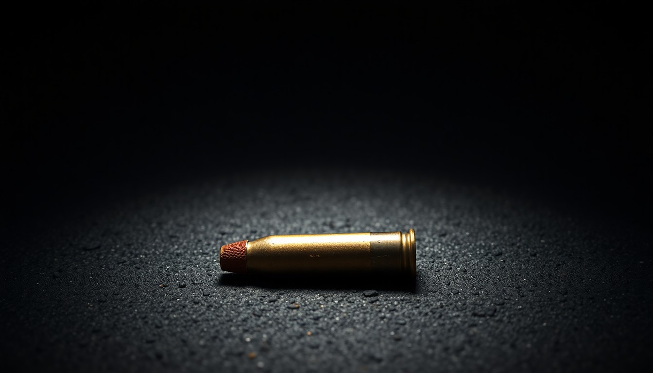 An extreme close-up of a single spent shell casing on a dark pavement, the harsh flash illuminating the metallic texture and creating dramatic shadows to convey the serious, investigative nature of this crime scene evidence.