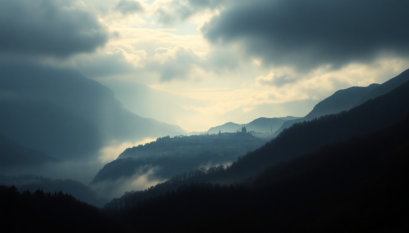 A vast, atmospheric landscape painting depicting the silhouette of a small town nestled within a dramatic, fog-shrouded valley, conveying the overwhelming scale and power of the natural world.
