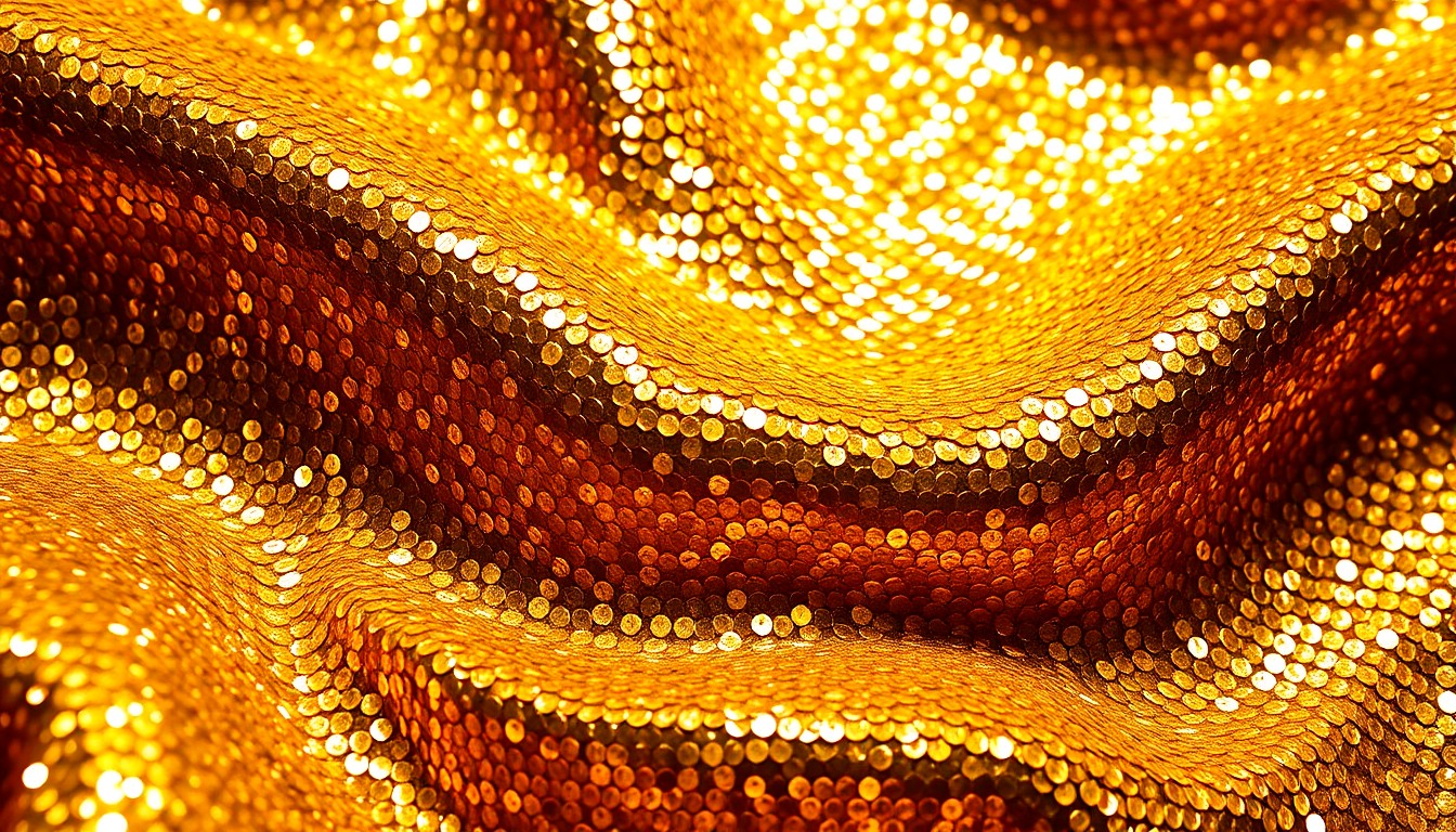 An abstract close-up photograph of a shimmering, glittering gold sequin fabric texture, using dramatic studio lighting to create a high-fashion, luxurious aesthetic.