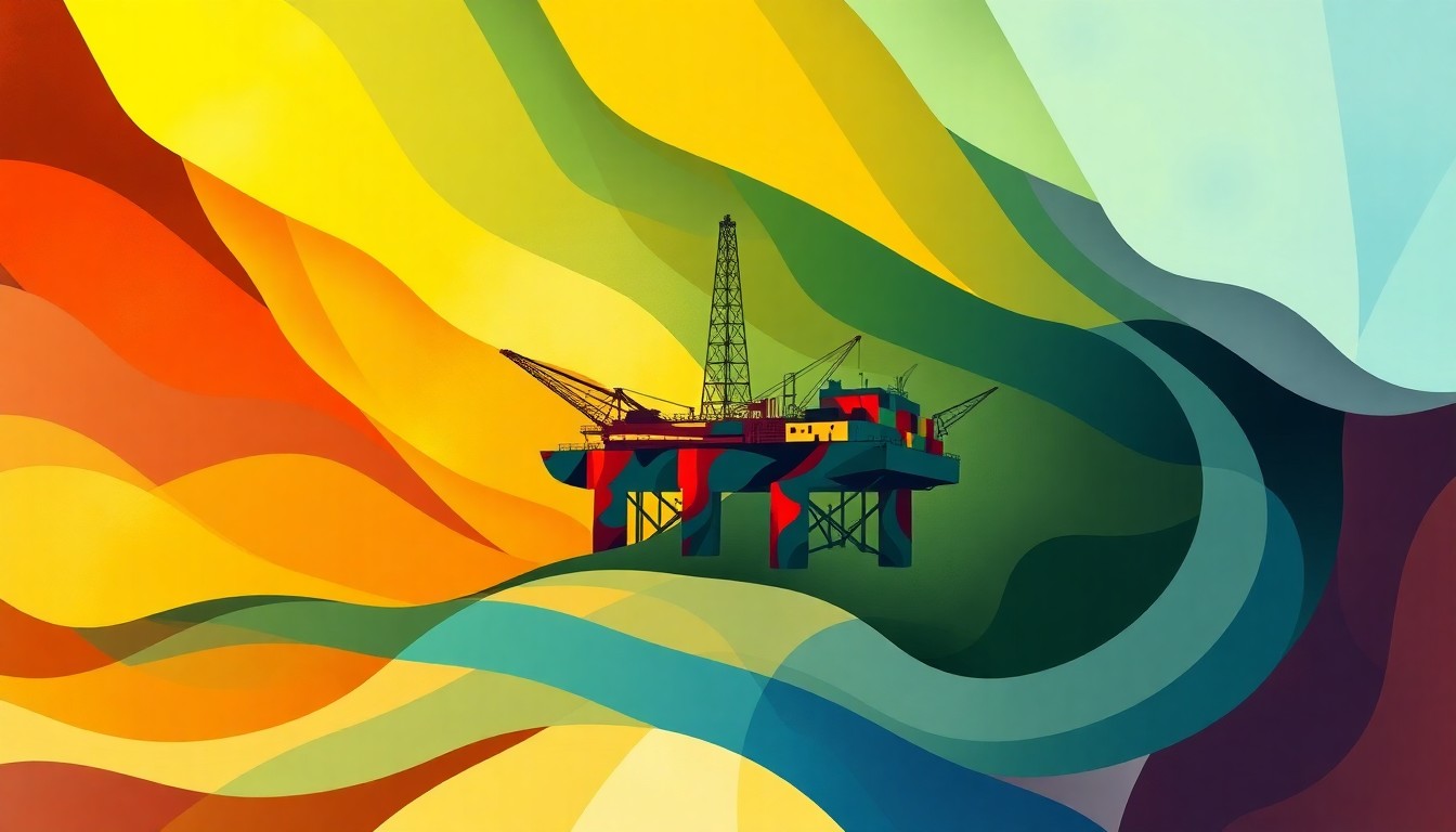 A dynamic, abstract painting featuring overlapping geometric shapes and waves of color, representing the motion and energy of the fossil fuel industry in a conceptual way.