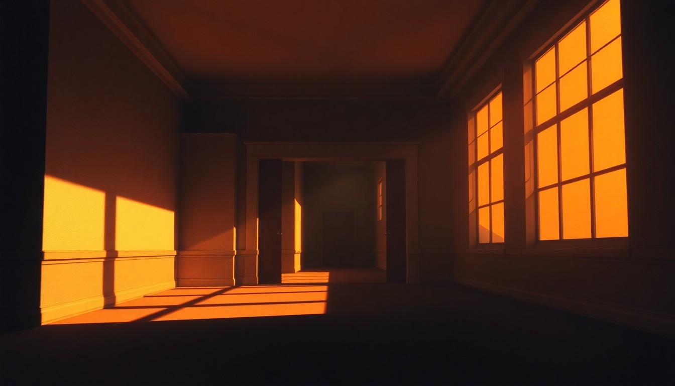 A dimly lit, cinematic painting of a government office building, with warm sunlight streaming through the windows and deep shadows across the facade, conveying a sense of quiet contemplation about the issues of transparency and public access in local government.