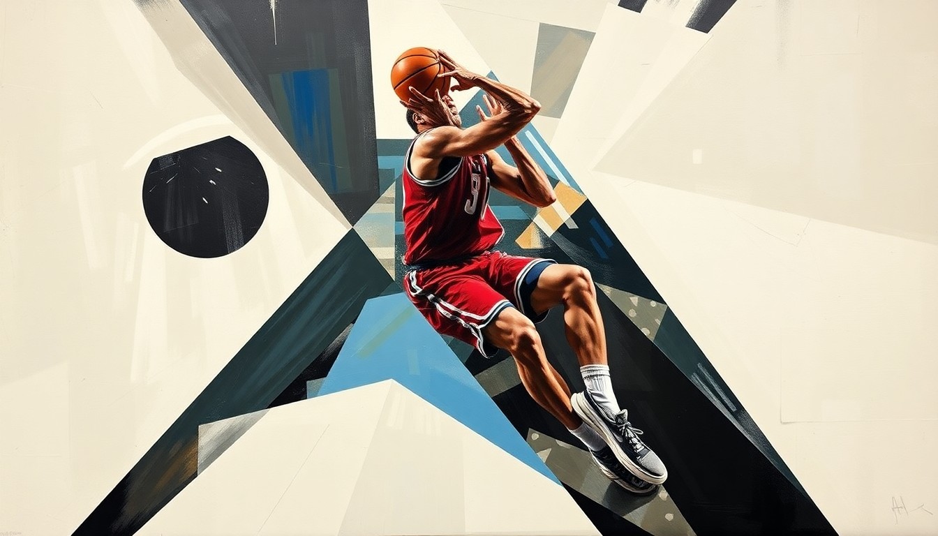 A cubist, geometric painting depicting a college basketball player in motion, with their form fractured and deconstructed into overlapping planes of color and shape, conveying the complexity of Chandler's transfer decision.