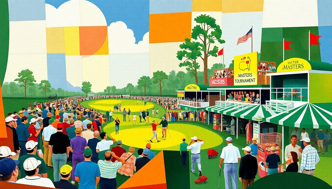 A cubist, geometric painting depicting a fragmented, multi-perspective scene of golfers, spectators, and concession stands at the Masters Tournament, capturing the energy and excitement of the event through sharp, overlapping planes of color and form.