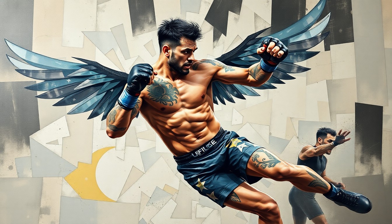 A fragmented, geometric painting depicting an MMA fighter with wings and intricate tattoos, their movements and form deconstructed into sharp, overlapping planes of color and shape, capturing the dynamic energy and unconventional nature of the fighter.