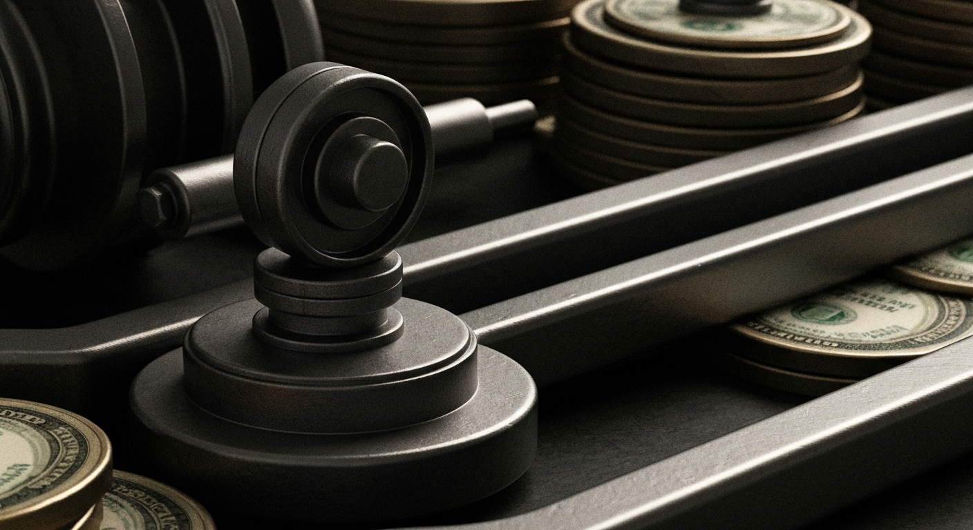 An extreme, cinematic close-up of heavy, industrial banking machinery and objects, captured in a high-contrast, black-and-white style that evokes a sense of financial security and institutional wealth without using literal currency or charts.