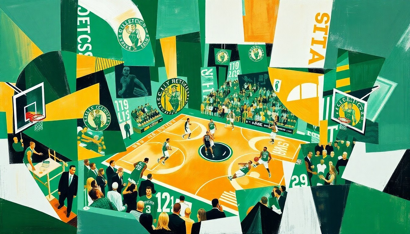 A fractured, multi-perspective painting depicting a Celtics basketball game, with sharp, overlapping geometric planes in vibrant shades of green, white, and gold, capturing the team's dynamic offensive display.