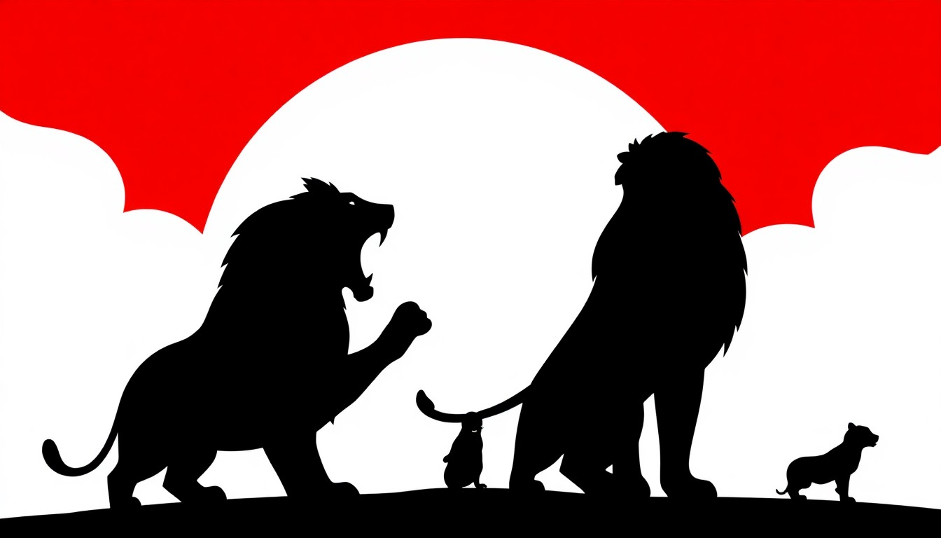 An abstract, minimalist composition of jagged, geometric shapes in bold red and black, conceptually representing the collision of comedy and controversy surrounding a lawsuit over a joke about a famous song.