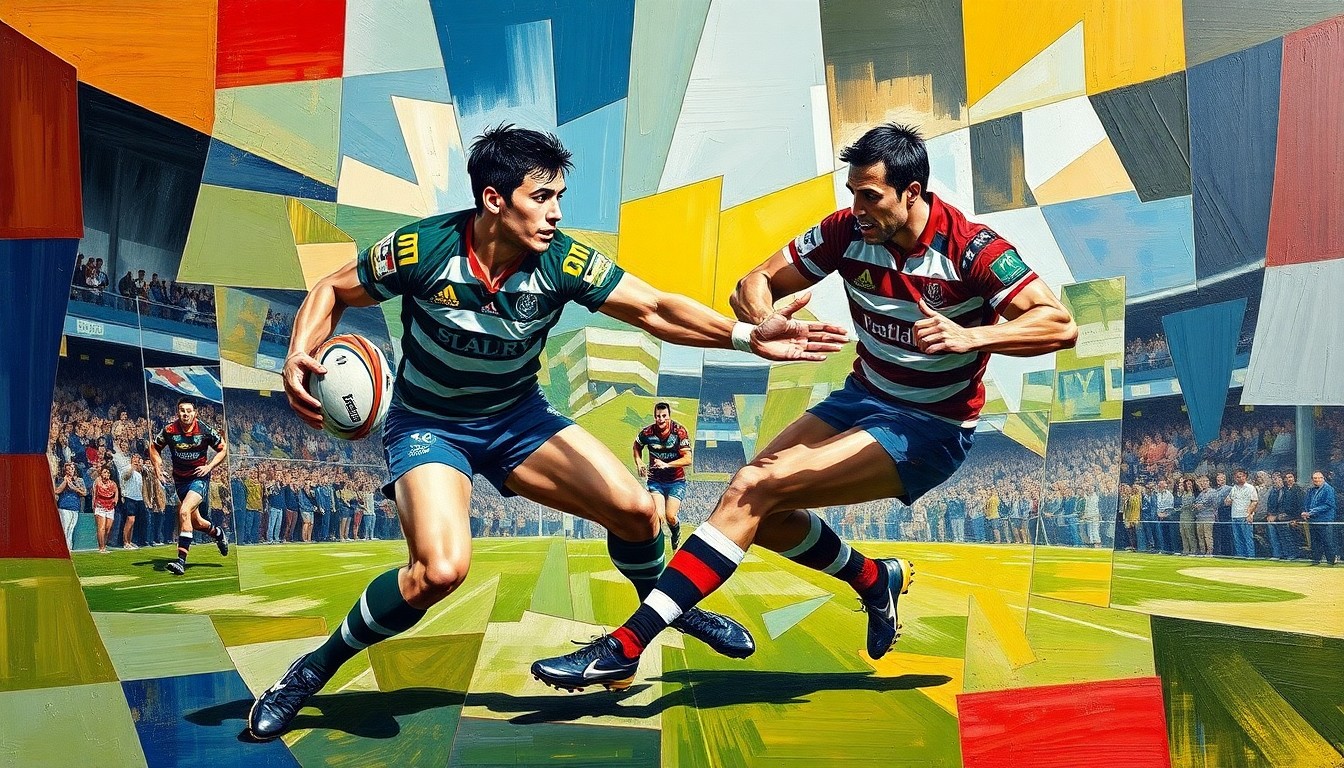 A fractured, geometric painting in the style of Pablo Picasso, depicting the dynamic movements and overlapping perspectives of a rugby league match between two players, conceptually representing the highs and lows of a professional athlete's journey.