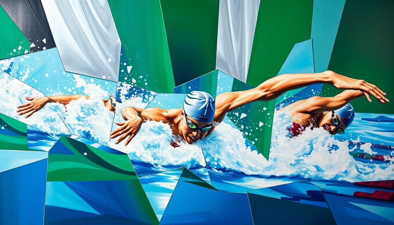 A cubist, geometric painting depicting a swimming competition or race, with sharp, overlapping planes of emerald green, royal blue, and metallic silver, capturing the dynamic energy and competitive spirit of Irish swimming.