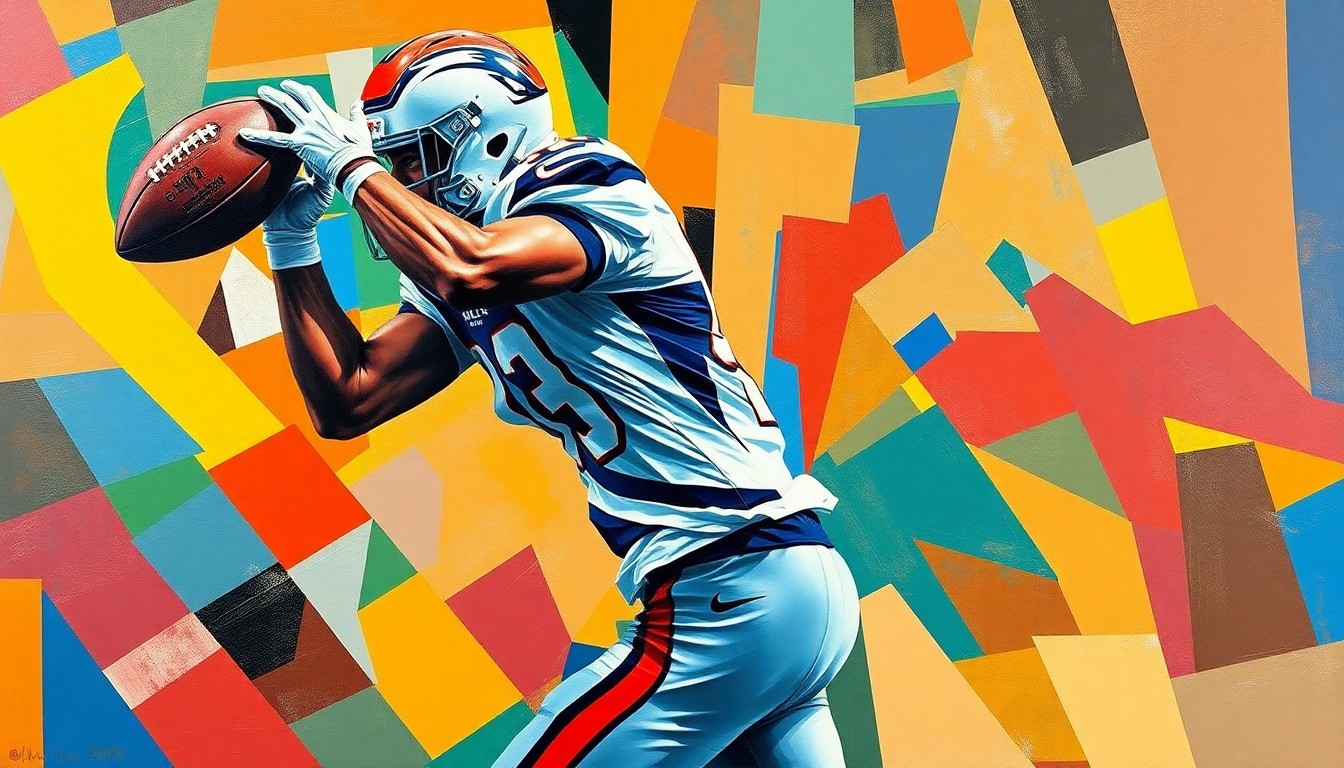 A cubist-style painting depicting a football player making a catch, with the player's jersey number obscured and the background a vibrant mix of colors representing the teams mentioned in the story. The image is broken down into sharp, overlapping geometric planes, capturing the dynamic energy of the play.