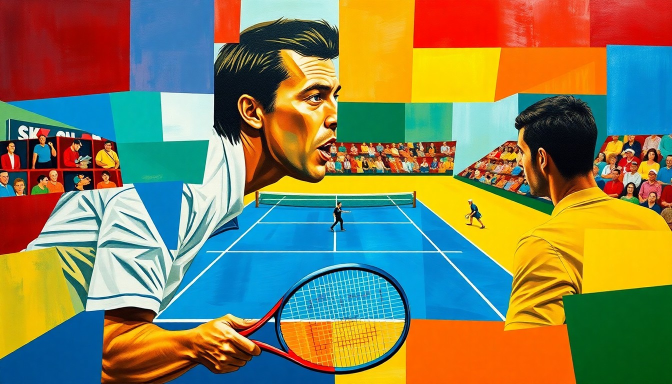 A cubist, geometric painting depicting a tennis match or competition, with sharp, overlapping planes of color representing the dynamic movements and intensity of the game. The vibrant colors evoke the energy and passion of the sport.