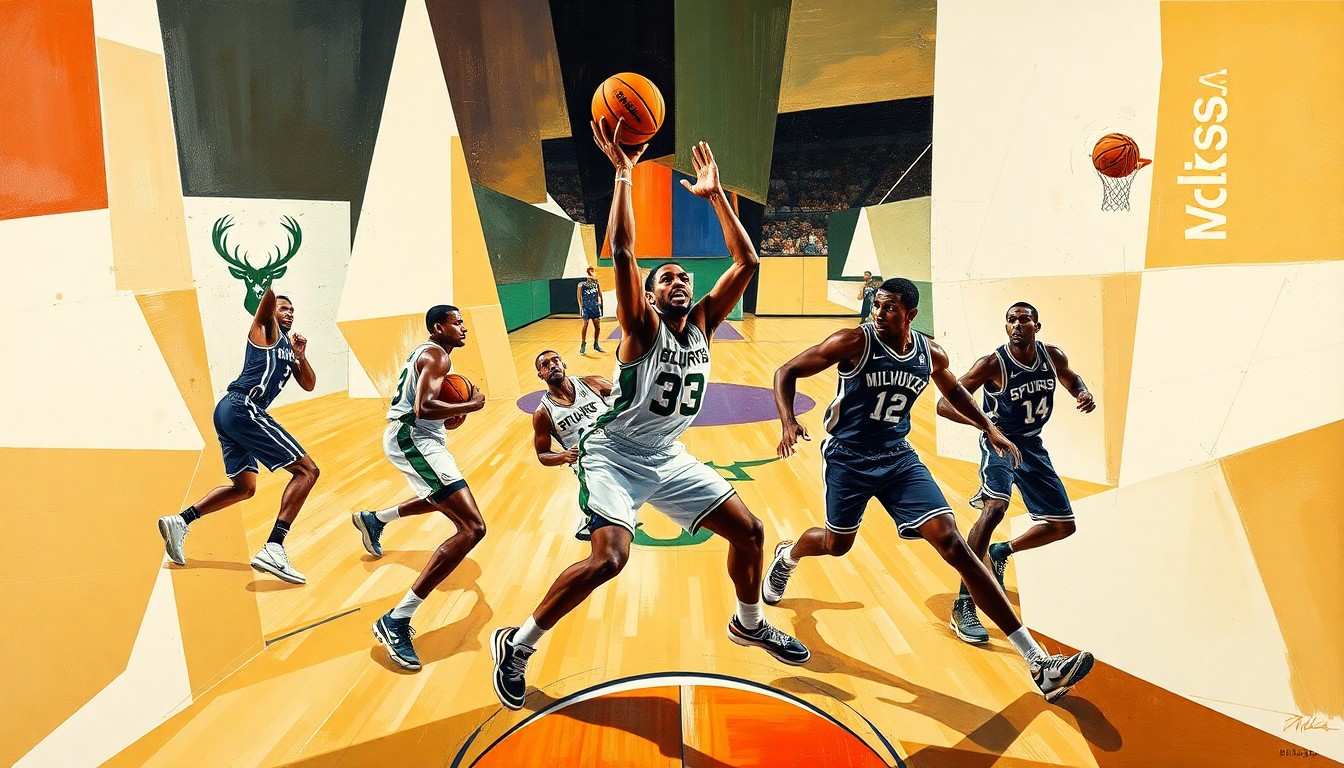 A cubist-style painting depicting a basketball game, with the players' forms broken down into geometric shapes and planes, conveying the dynamic energy and motion of the sport.