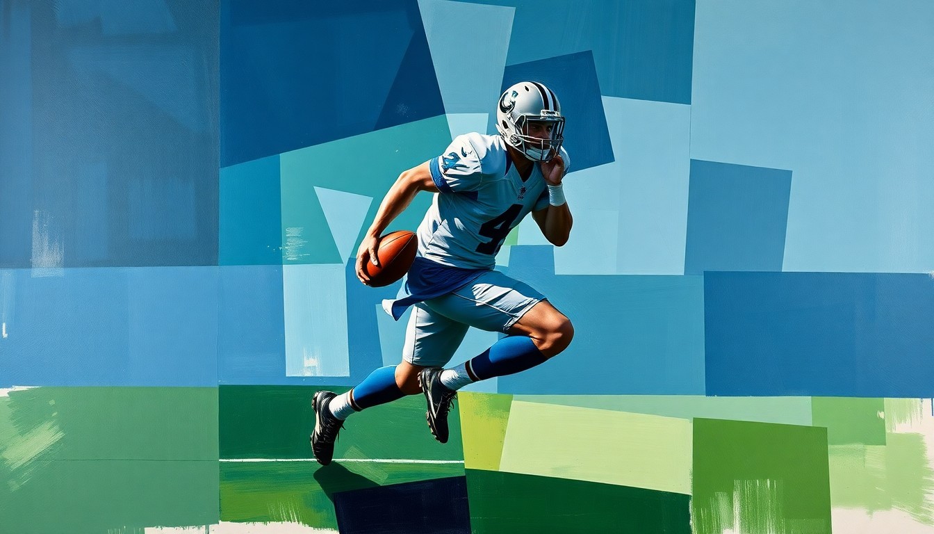 A cubist-style painting featuring sharp, overlapping geometric shapes in shades of blue, green, and grey, deconstructing the image of a football player in mid-stride, conveying the complexity and uncertainty of an NFL comeback.