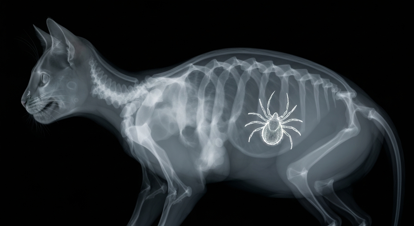 A translucent X-ray photograph showing the ghostly outline of a lone star tick against the dark silhouette of a cat's internal anatomy, conceptually illustrating the threat of tick-borne illness.
