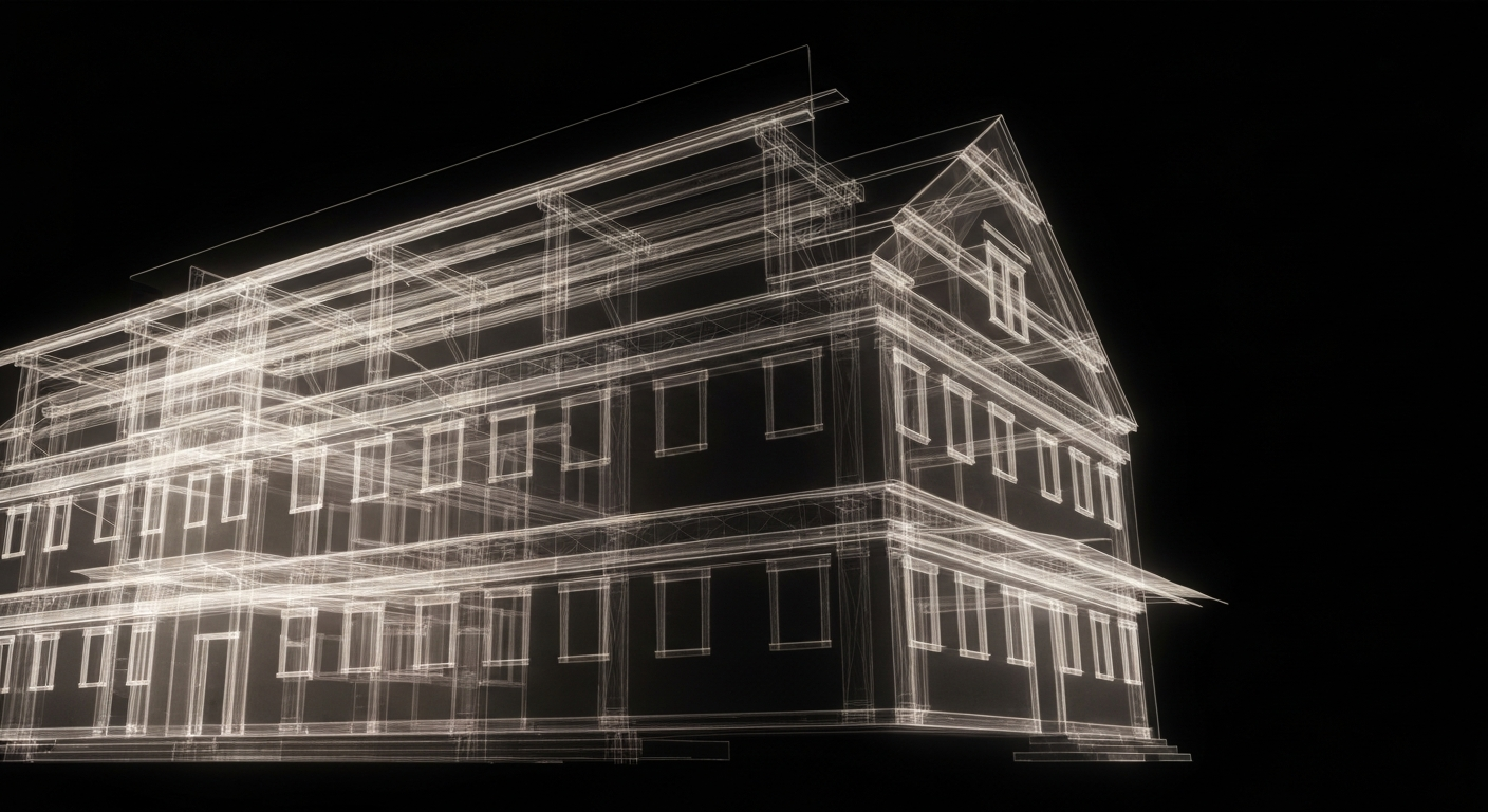 An abstract, ghostly X-ray image revealing the internal structure of a hospital building, conceptually representing improved rural healthcare access.