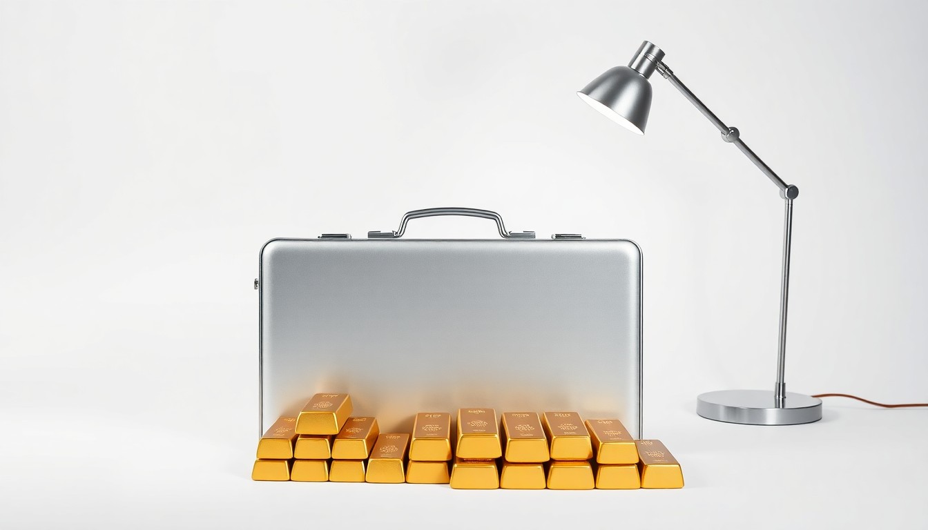 A minimalist studio still life featuring a stack of gold bullion bars, a sleek silver briefcase, and a modern desk lamp, conceptually representing the financial strength and global reach of SMBC's new Charlotte hub.