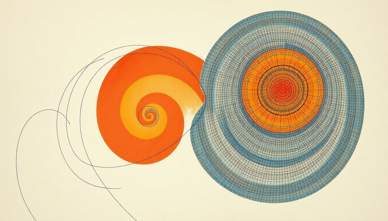 An abstract, geometric painting in soft colors depicting the intricate interplay of neural patterns, machine interfaces, and human intention, representing the core concept of the Waves of Will project.