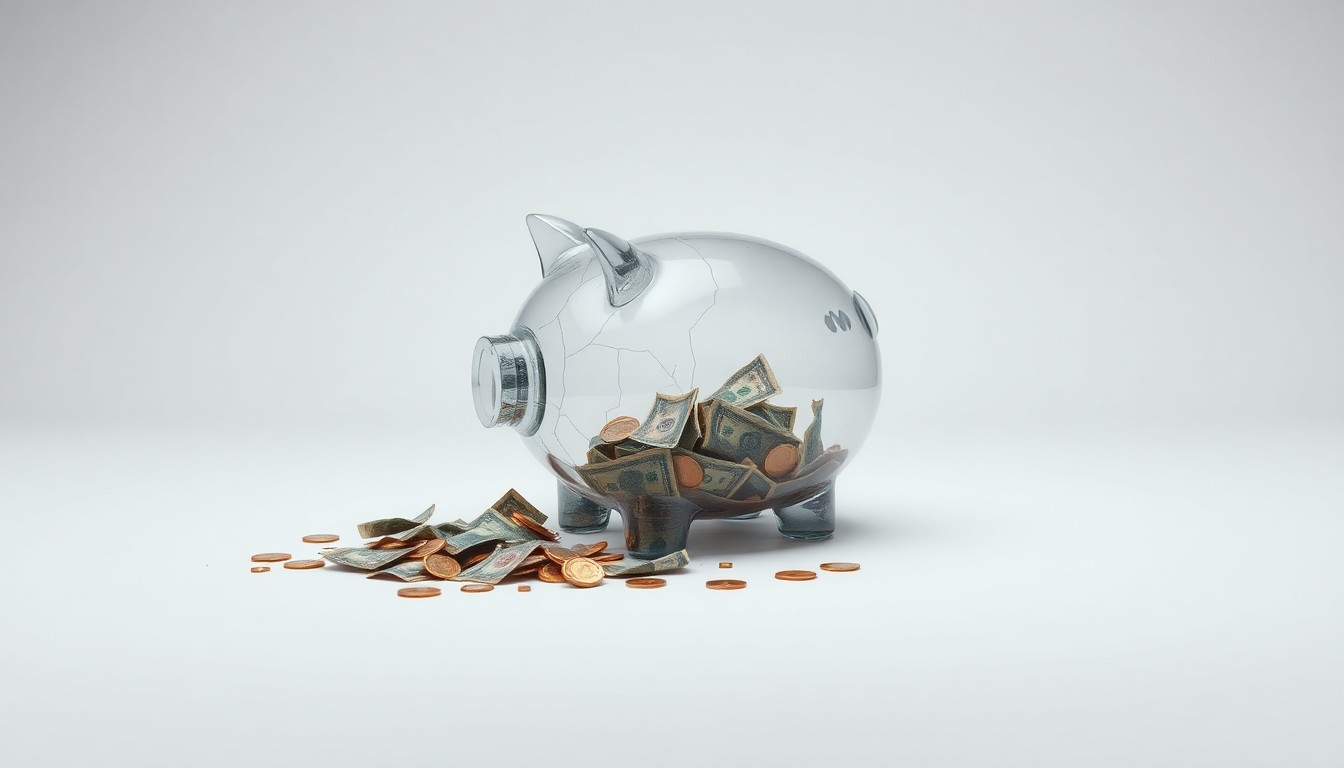 A high-end, photorealistic studio still-life photograph showing a shattered glass piggy bank with its contents spilled across a clean, monochromatic background, symbolizing the financial devastation caused by a hacking incident.