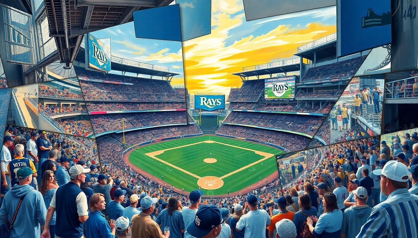 A fractured, cubist-style painting depicting the energy and excitement of the Rays' homecoming game, with players, fans, and the stadium itself broken down into sharp, overlapping geometric shapes and planes, capturing the duality of the team's present celebration and future uncertainty.