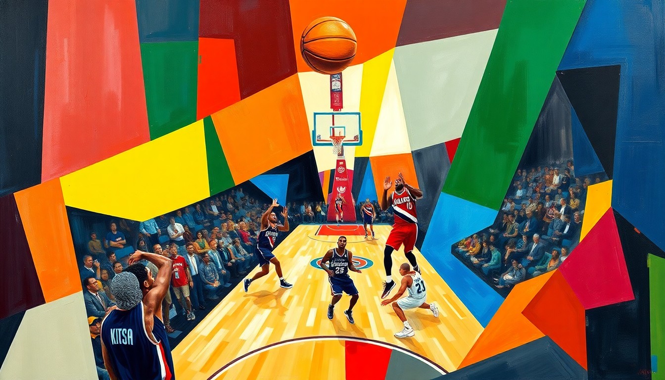 A cubist, geometric painting depicting a basketball game, with the players and court broken down into sharp, overlapping shapes and planes in vibrant colors, capturing the energy and dynamics of the match.