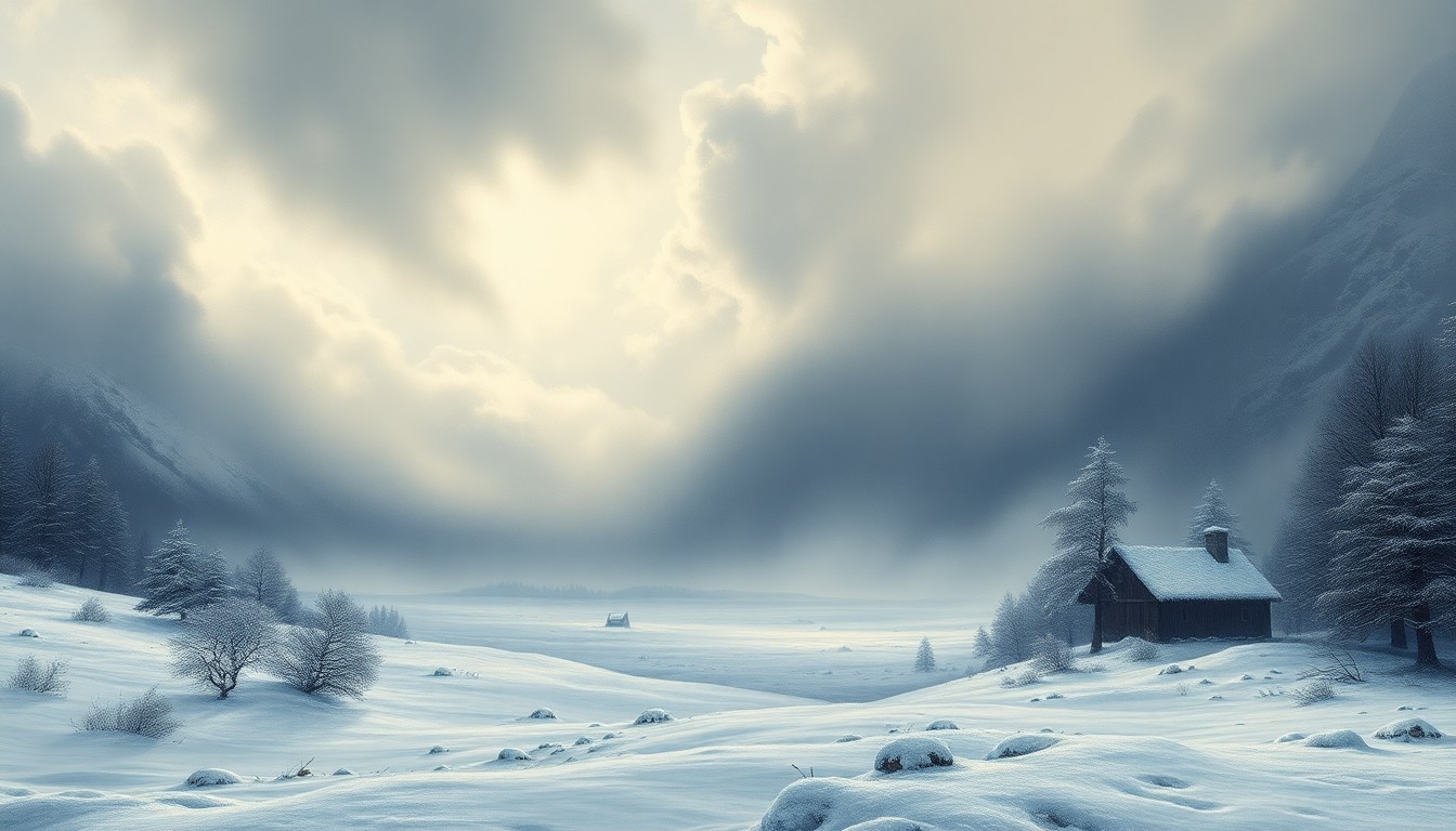 A sweeping, atmospheric landscape painting depicting a massive, swirling winter storm with heavy snow and high winds, dwarfing any physical structures or objects caught within the scene.