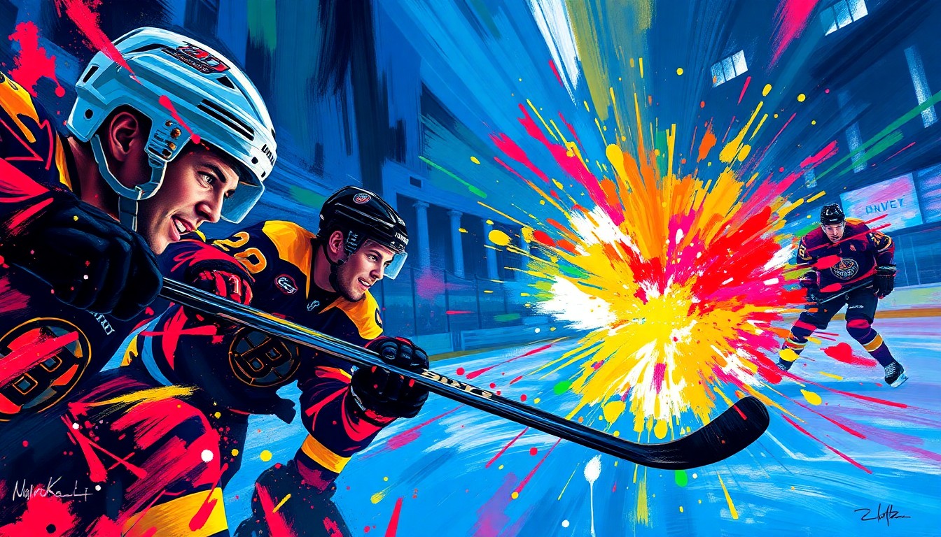 An abstract, expressionist painting in vibrant neon colors capturing the raw energy and dramatic moments of a hockey game, with players' faces and the puck blending into unrecognizable splatters of paint, conveying the intensity and excitement of the Bruins' comeback victory.