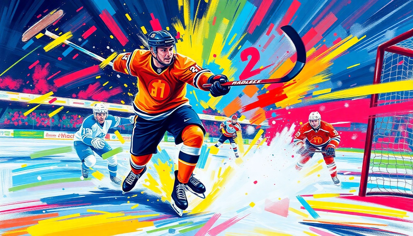 An abstract, energetic painting featuring bold brushstrokes in neon colors, conceptually representing the dynamic play of a college hockey player scoring a goal.