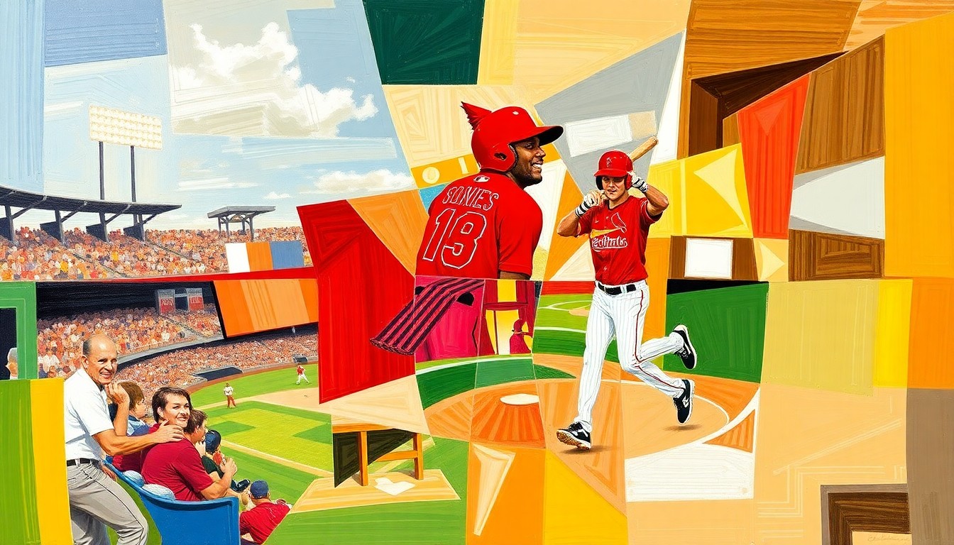 A cubist, geometric painting depicting the Springfield Cardinals' players in motion, breaking down the play of the double steal of home into fragmented, overlapping shapes and planes.