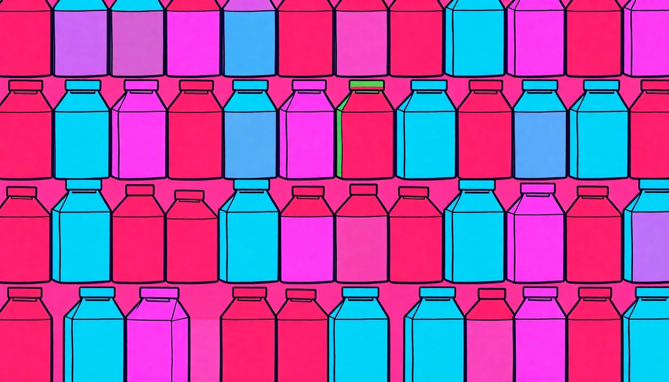 A brightly colored, high-contrast silkscreen print of a single, iconic dairy item such as a milk carton or ice cream scoop, repeated in a tight grid pattern in the style of Andy Warhol, capturing the celebratory spirit of the annual Clayton County Dairy Banquet.