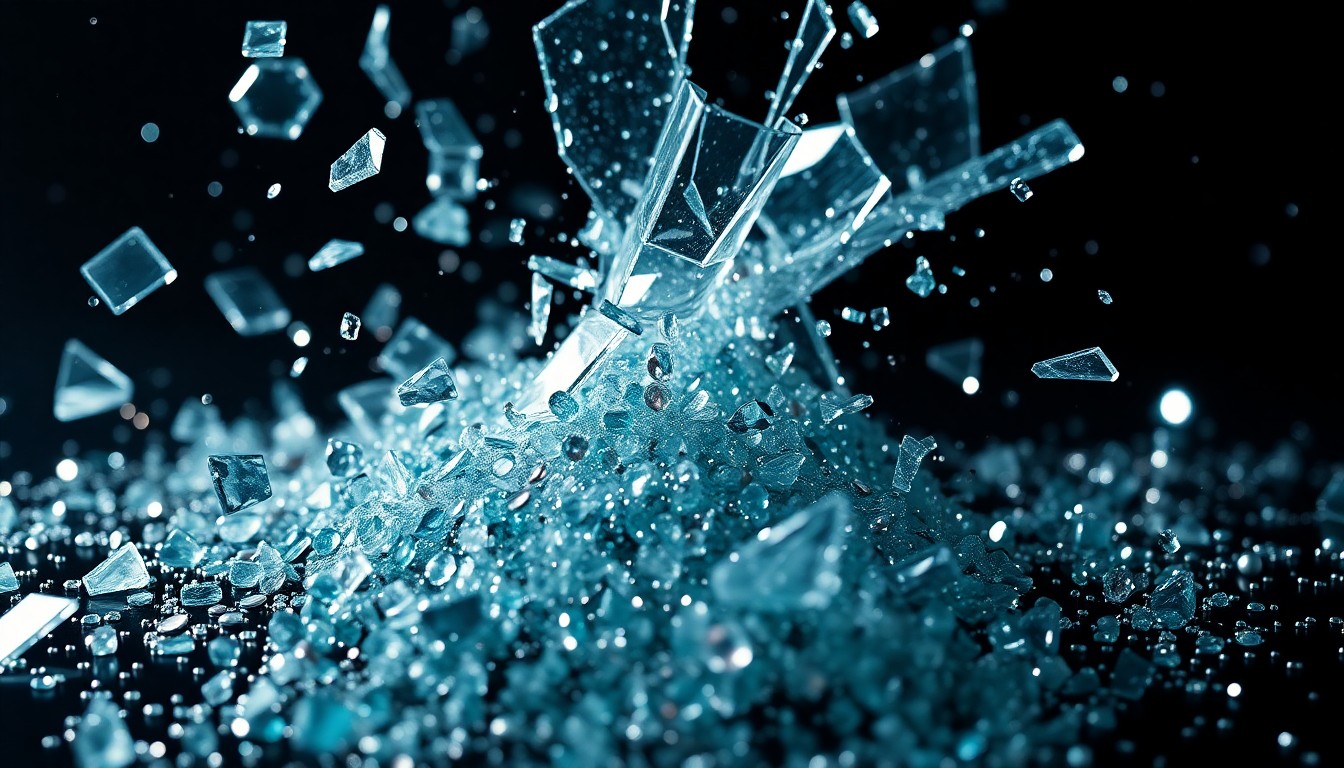 An abstract close-up image of shattered glass and glittering sequins, captured in dramatic studio lighting to evoke the fragmented, high-stakes world of the Avengers.