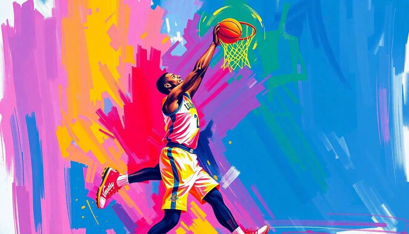 An abstract, energetic painting in vibrant neon colors and rapid brushstrokes, capturing the explosive athleticism and raw energy of a basketball player's dynamic play.