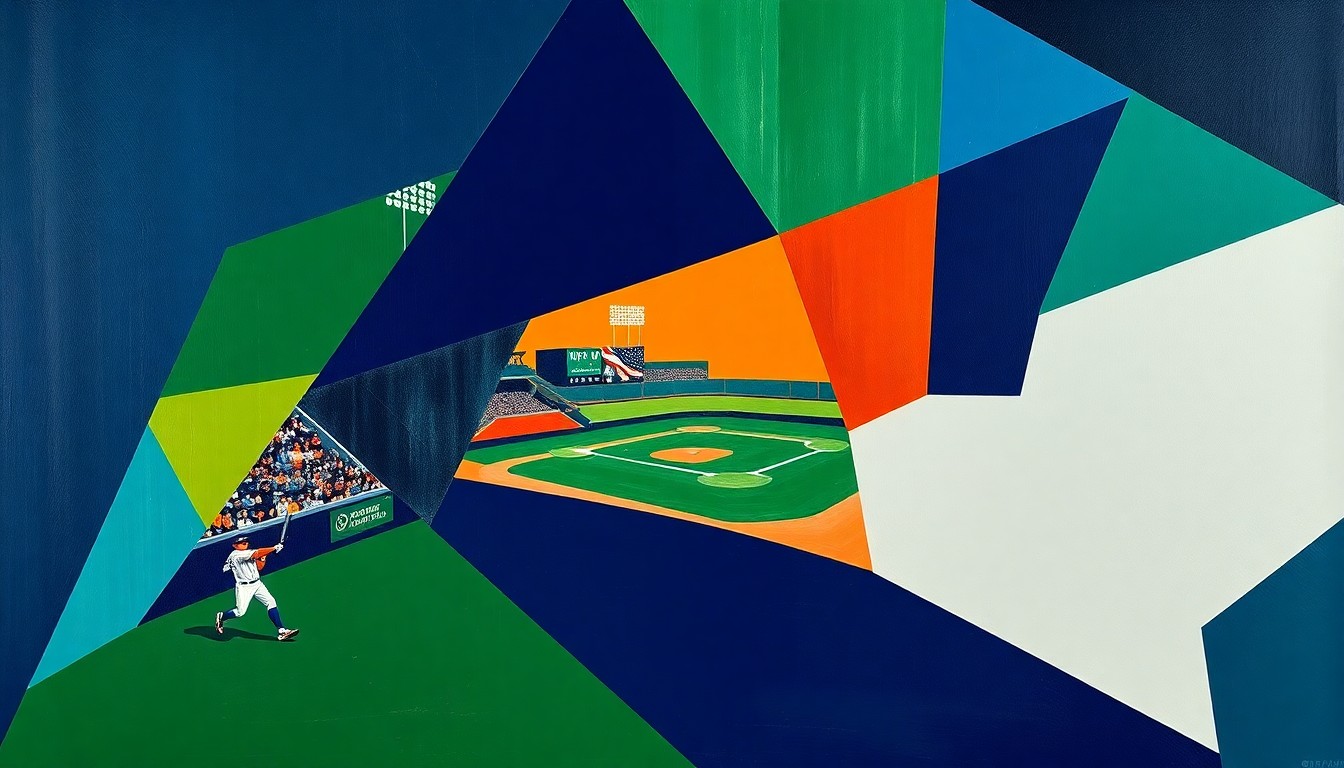 A cubist-style painting featuring overlapping geometric shapes and planes in navy blue, forest green, and burnt orange, conceptually representing the strategic and dynamic nature of Ozzie Guillén's managerial tenure with the Chicago White Sox.