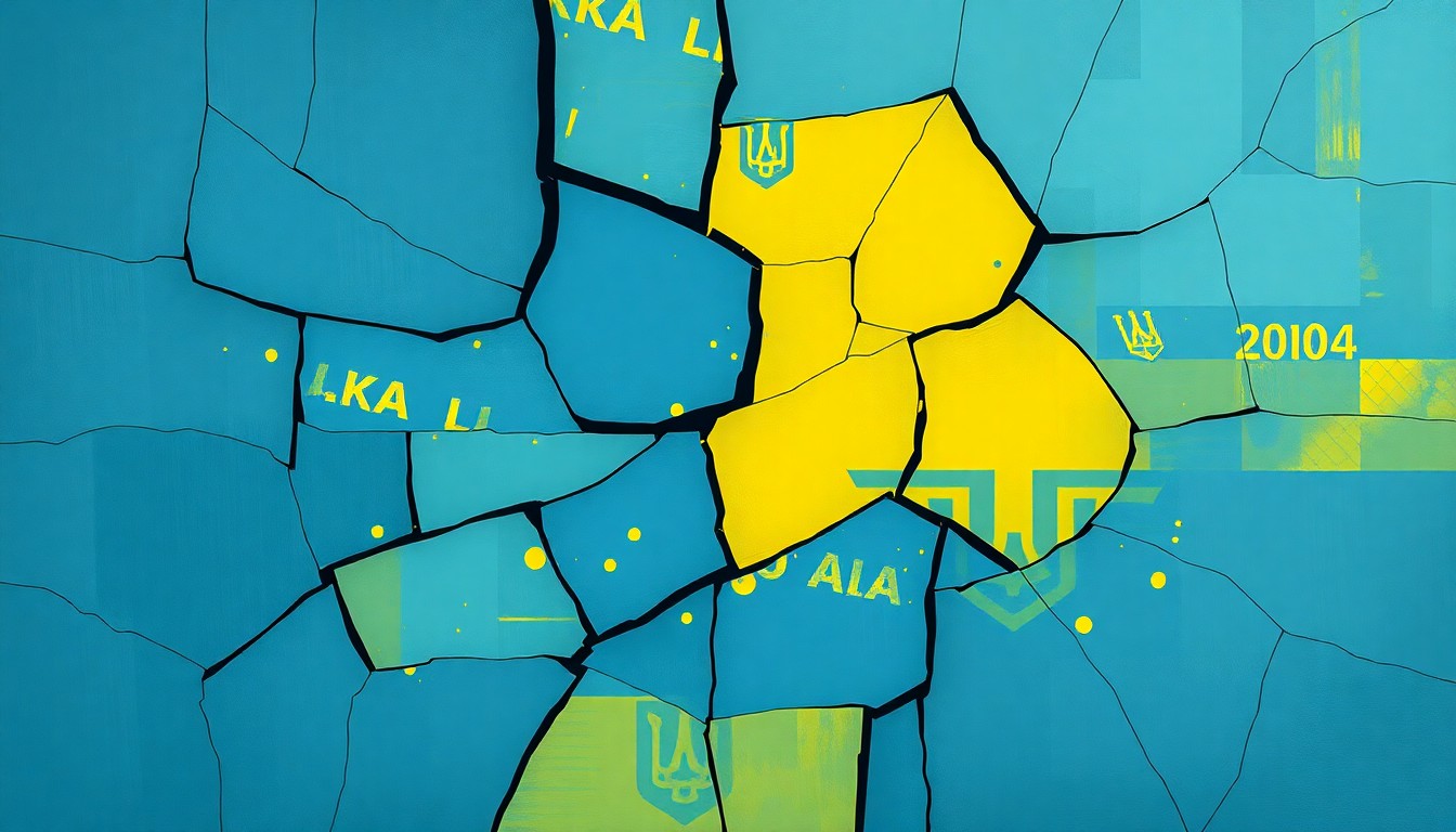 A dynamic, abstract painting featuring a fragmented Ukrainian flag in shades of blue and yellow, with overlapping geometric shapes and lines conveying a sense of political instability and division.
