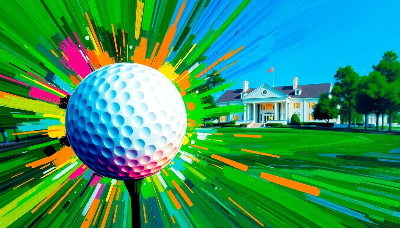A close-up of a golf ball in flight, surrounded by a burst of neon colors and brushstrokes, conceptually representing the energy and excitement of the Masters golf tournament.