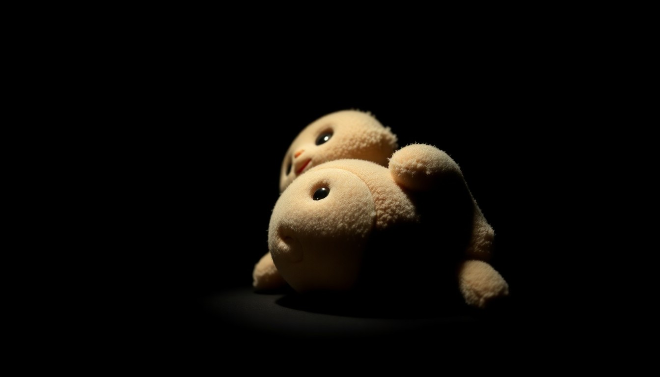 An extreme close-up photograph of a tattered, worn-out stuffed animal, its once-vibrant colors now faded, illuminated by a harsh, direct camera flash against a pitch-black background, conceptually representing the tragic loss of innocent young lives.