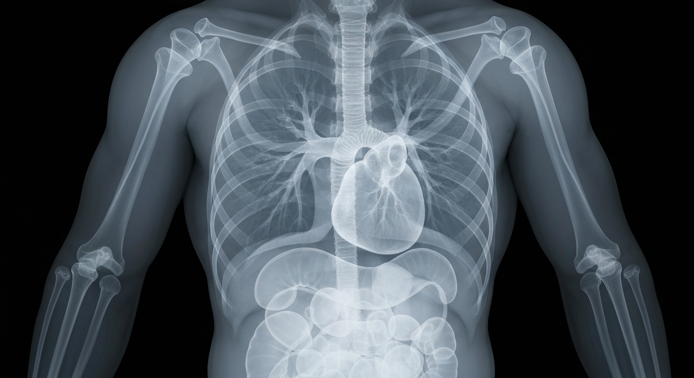 A translucent X-ray photograph revealing the internal structure of a rugby player's torso, with ghostly lines highlighting the heart, lungs, and other vital organs, conceptually illustrating the physical toll of the sport.
