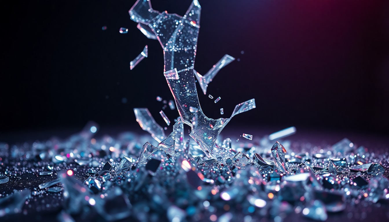 An abstract, high-contrast close-up image of shattered glass and glittering sequins, capturing the fragility and glamour of the entertainment industry.