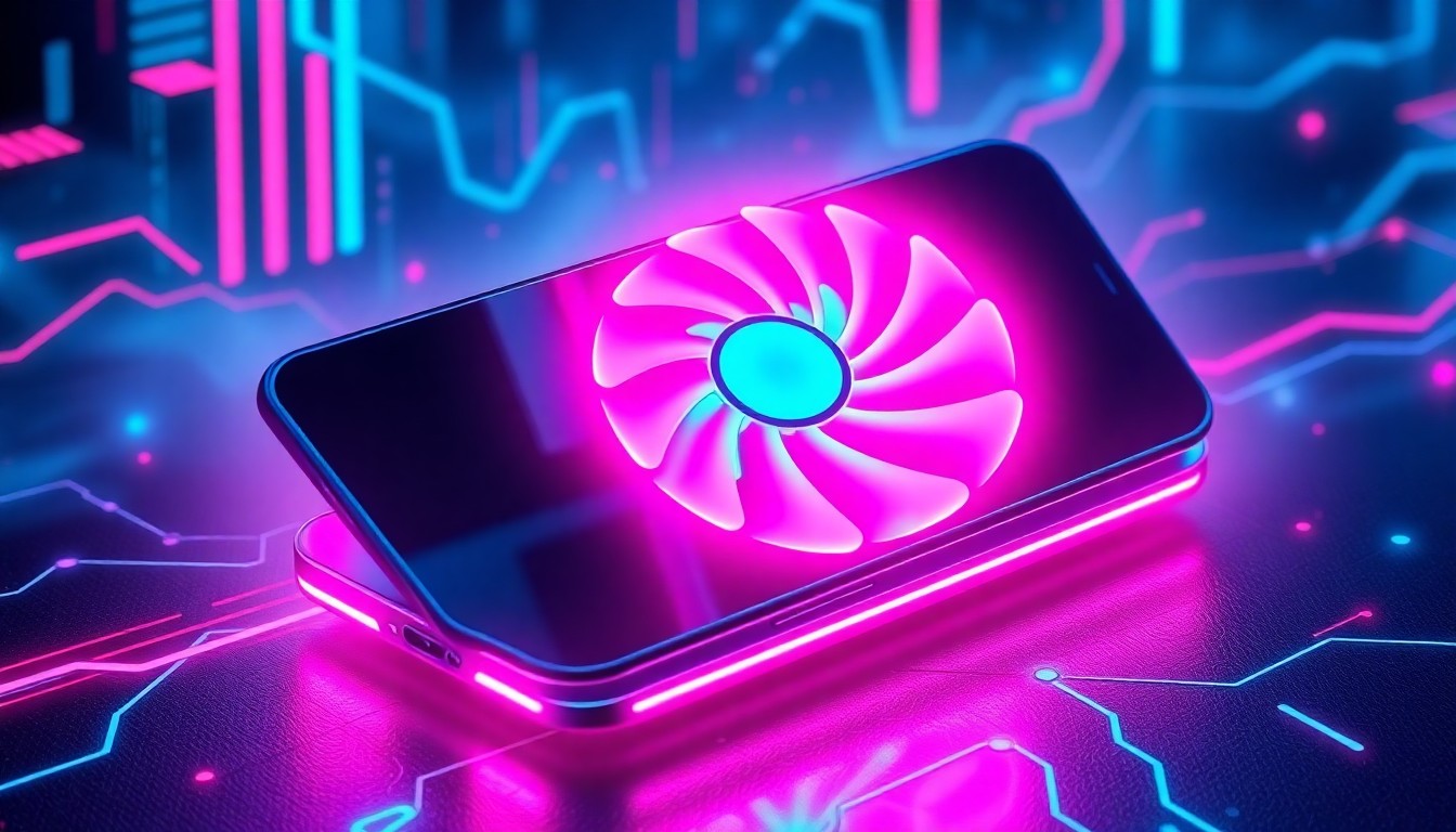 A glowing, futuristic gaming smartphone with a built-in cooling fan, surrounded by a dynamic, cyberpunk-inspired backdrop, representing the cutting-edge technology and performance of the Redmi K90 Max.