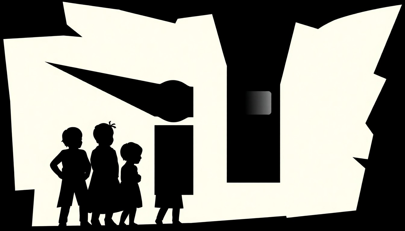 An abstract, minimalist illustration featuring sharp, geometric black shapes and silhouettes, conceptually representing the iconic CITV brand and the nostalgic farewell to British children's television.